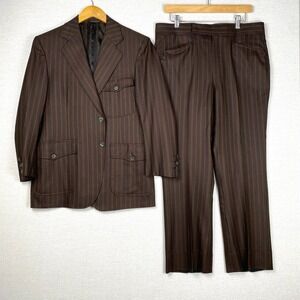 Vtg 70s Bespoke Brown Pinstripe 2 Piece Suit Mens Medium Chocolate Brown Dandy